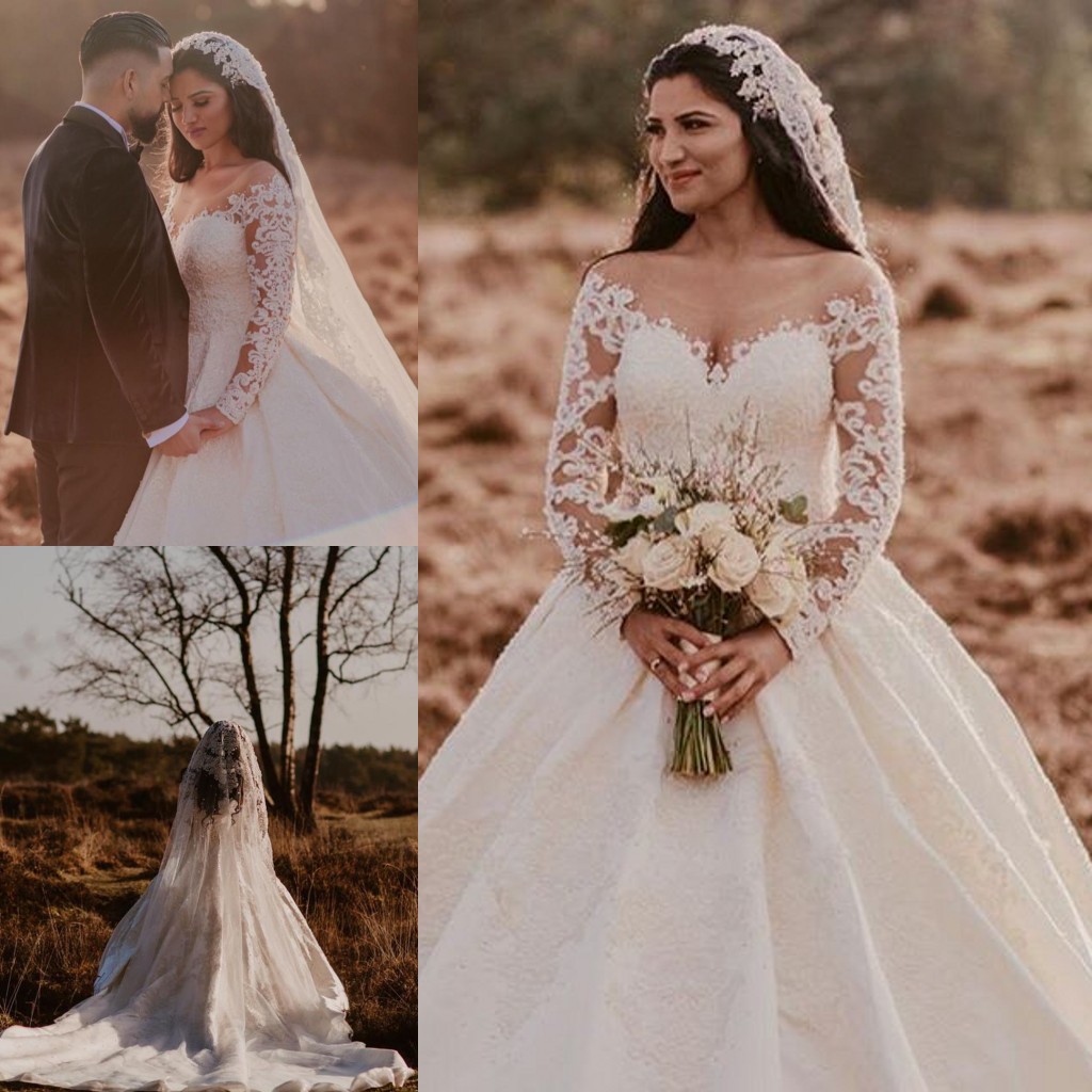 aline wedding dress applique beaded long sleeve sweep train bridal dress v neck illusion bodice custom made bridal gowns