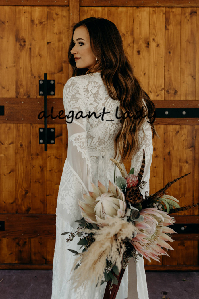 Gentle Lace boho Wedding Dresses 2020 With Deep V-neck Flare Sleeve Split Long Train Countryside Wedding Gowns Robe De Mariee