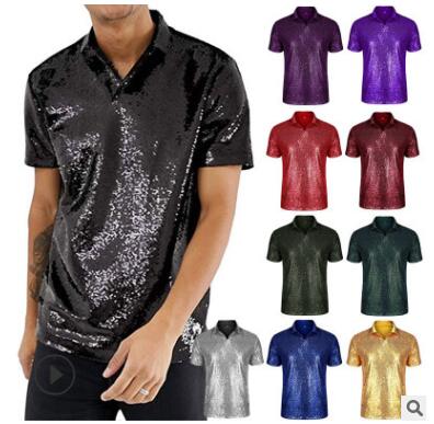 2019 foreign trade European and American men's Casual Short Sleeve fold up Sequin polo shirt 10 color disco club party T-Shirt Top, Lilac colour
2019 foreign trade European and American men's Casual Short Sleeve fold up Sequin polo shirt 10 color disco club party T-Shirt Top, Lilac colour
