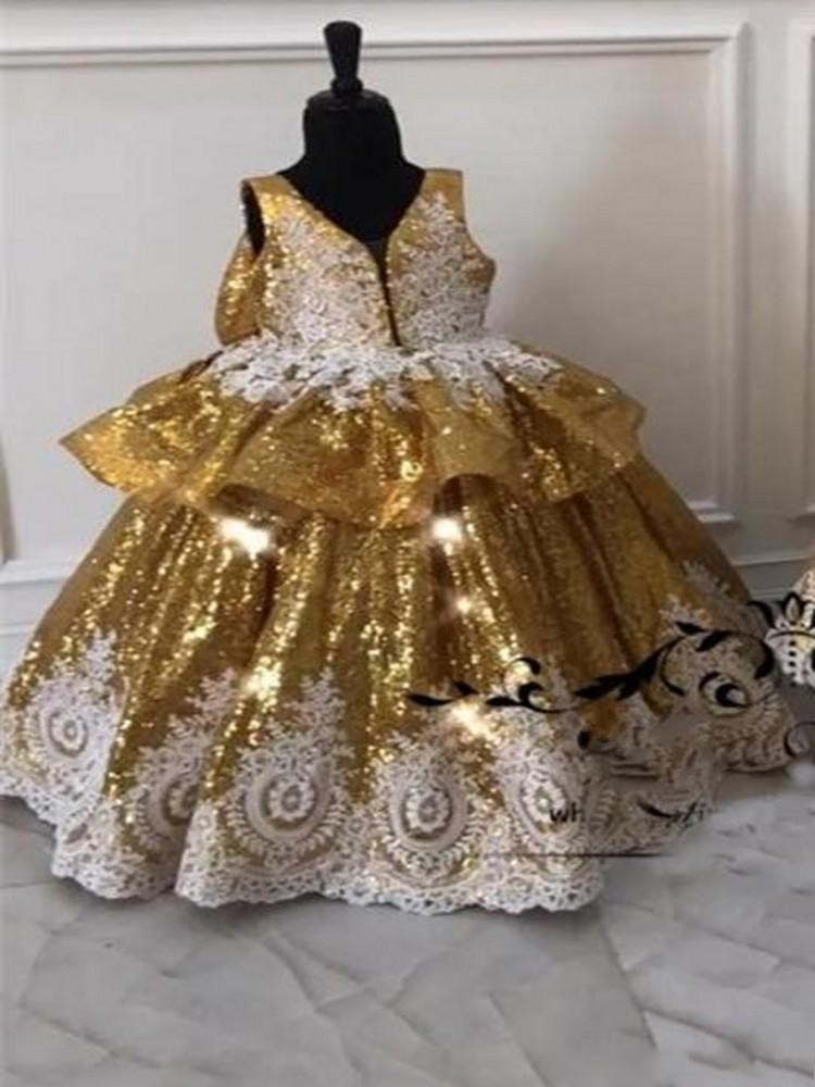 Cheap Gold Sequined Ball Gown Pageant Dresses Deep V Neck Lace Ruffles Bow Toddlers Flower Girls Dress First Communion Gowns