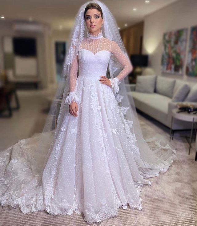 Long Sleeves A Line Dresses High Neck Lace Applique Sweep Train Custom Made Sheer Illusion Wedding Gown Vestido De Novia