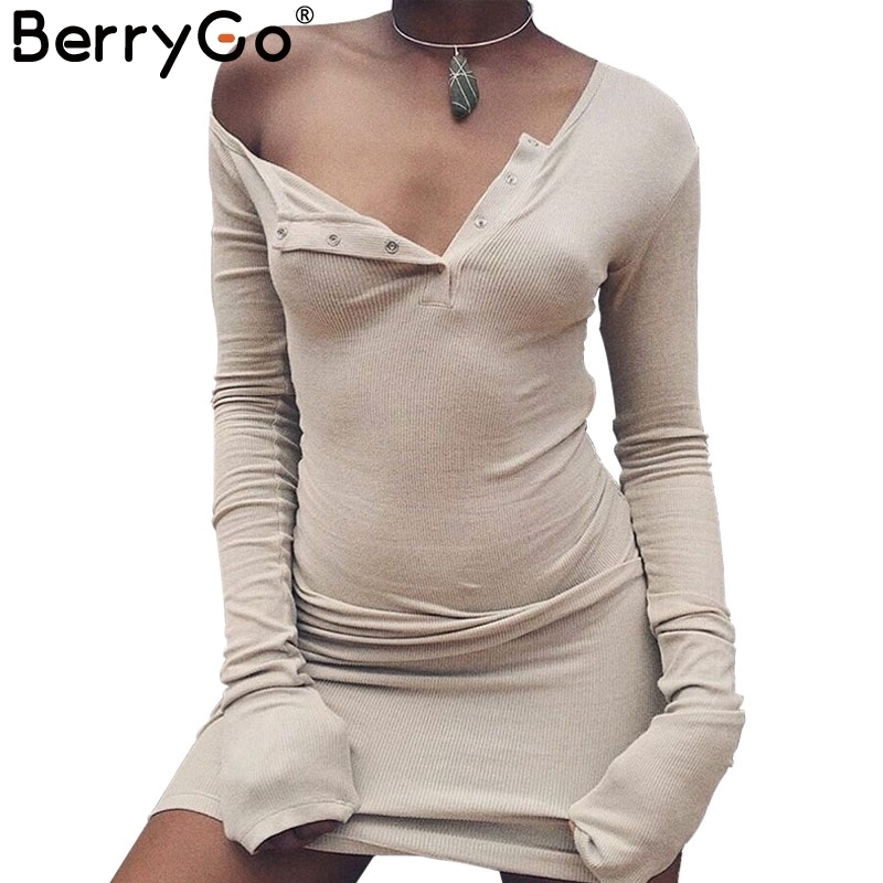 Berrygo Elegant Off Shoulder Bodycon Dress Long Sleeve Short Evening Party Club White Dress Women Autumn Winter Black Sexy Dress Q190402