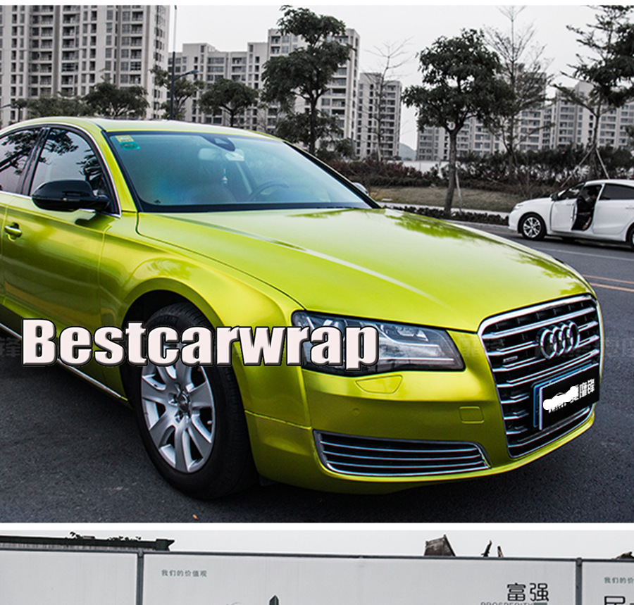 Lime Green Gloss metallic Vinyl Wrap With Air bubble Free Glossy Lemo Full Car Wrap covering tuning foil Size:1.52*20M/Roll 4.98x66ft