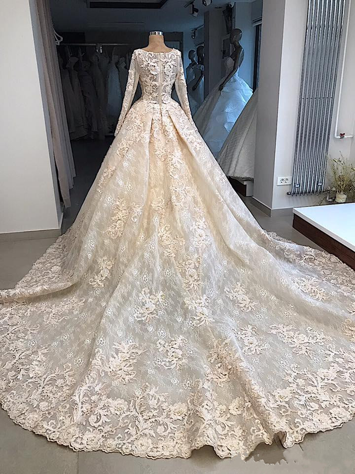 new lace ball gown wedding dresses long sleeve bridal gowns sweep train appliqued beads custom made wedding dress