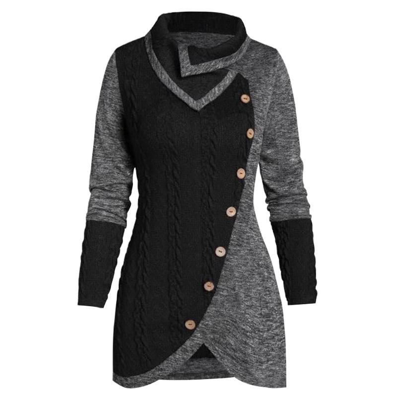 Patchwork Women Knitted Sweater Shopping Irregular Travel Warm Winter Stylish Pullover Button Long Sleeve Daily Round Neck Party, Black 
Patchwork Women Knitted Sweater Shopping Irregular Travel Warm Winter Stylish Pullover Button Long Sleeve Daily Round Neck Party, Black