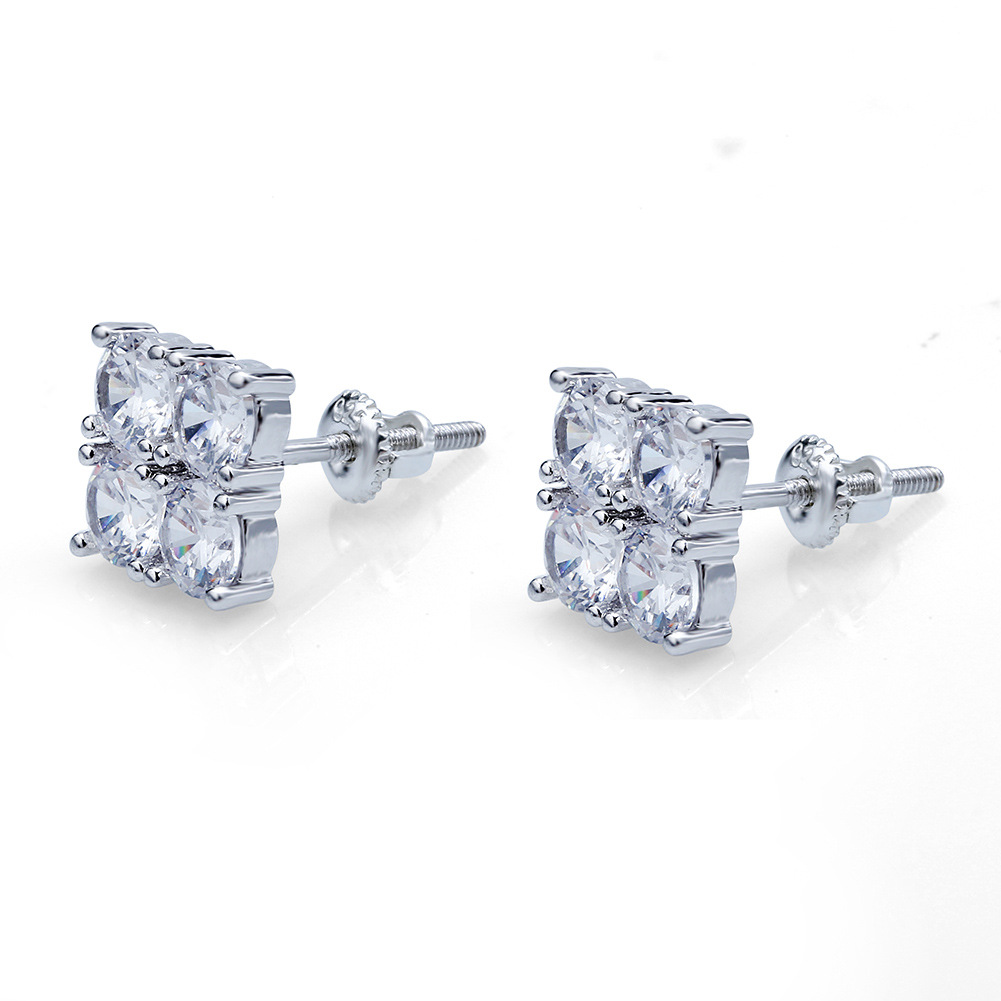 Hip Hop Square Stud Earrings Screw Back Large White Zircon Gold Plated Earrings Vintage Geometric Jewelry