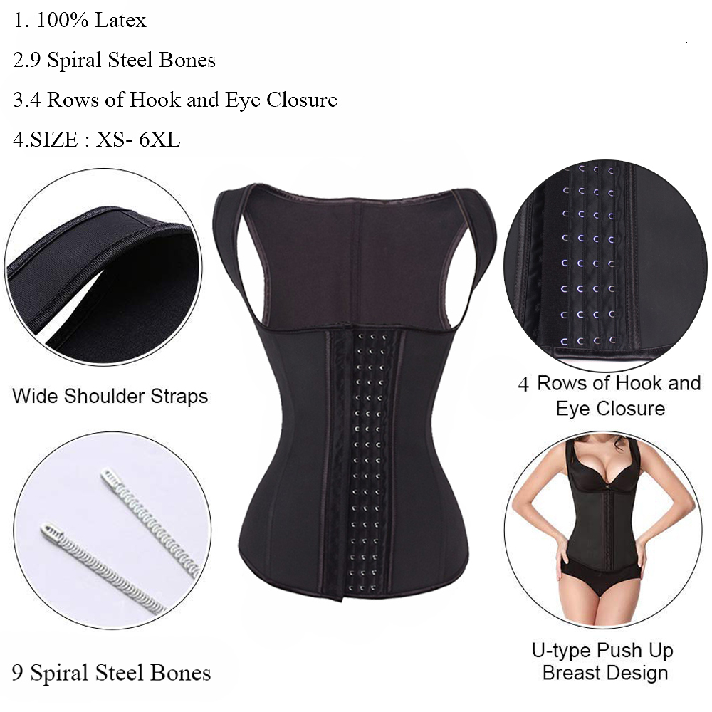 HEXIN Black 4 Rows Hooks Latex Waist Cincher Body Shaper Steel Bone Corset Slimming Vest Waist Trainer Plus Size Girdle BeltT191005