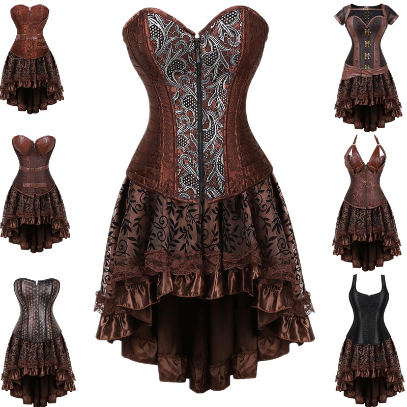 Women Gothic Brown Overbust Underbust Corset Top with A Flocked Floral Lace Hi-lo Skirt 2pcs Set Halloween Cosplay Costume Outfit Plus Size