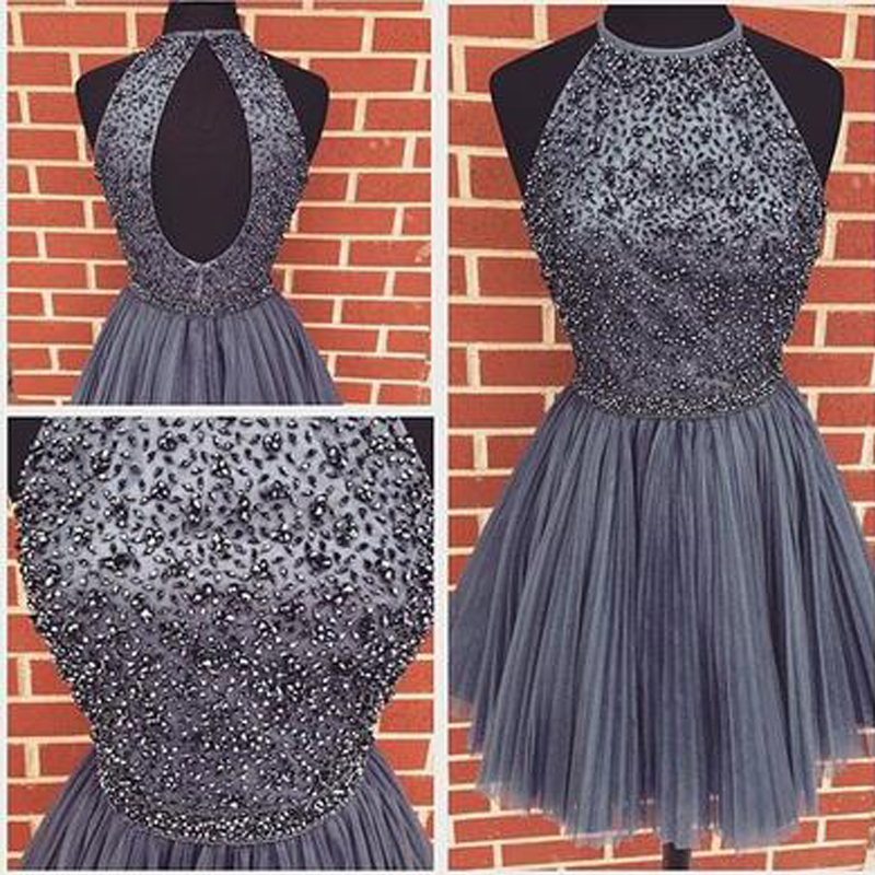 Grey Robe de soirée Short Cheap Homecoming Dresses Beaded Pearls Keyhole Backless A line Prom Dress Party Gowns Graduation Dresses, White