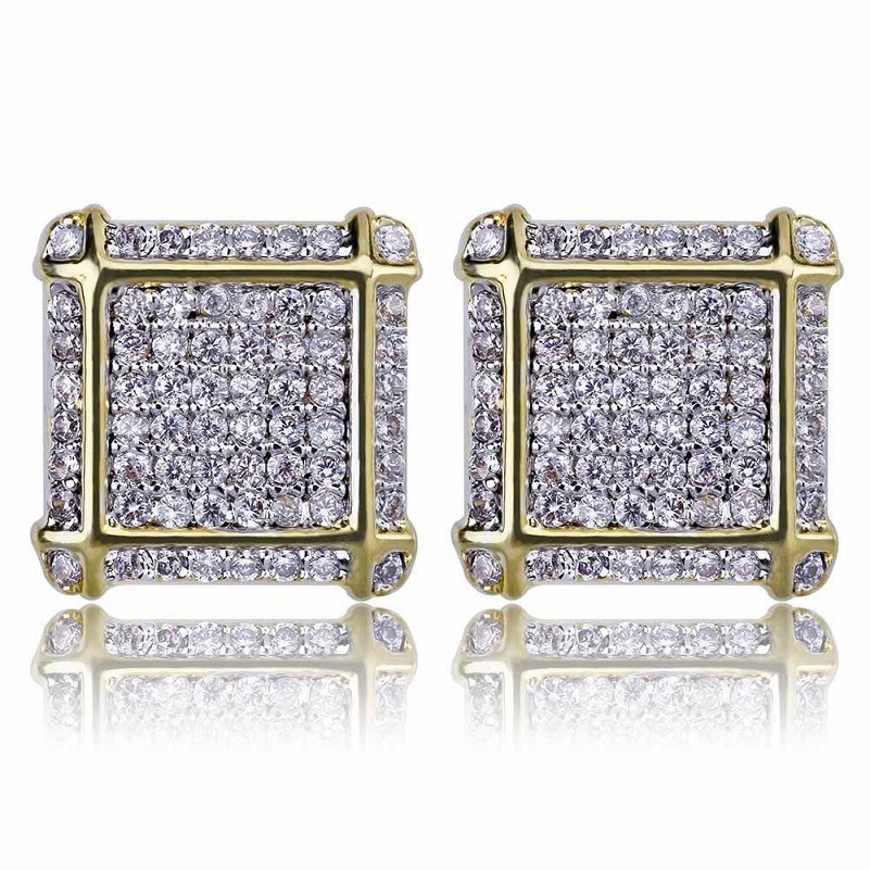 Hip Hop Square Stud Earrings Screw Back Bling Full White Zircon Earrings Gold Plated Vintage Geometric Jewelry