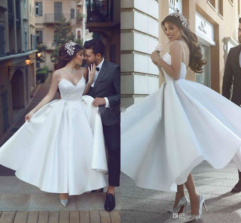 Saudi Arabic Short Wedding Dresses Spaghetti Straps Lace Ruched Bridal Gowns Vestido De Novia Custom Made Cheap Wedding Dress