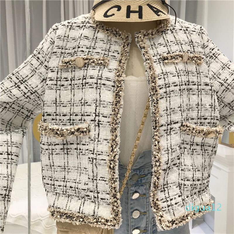 Fashion- Women Buttons Pockets Design Tweed Jackets Tassel Plaid Coats Female Autumn