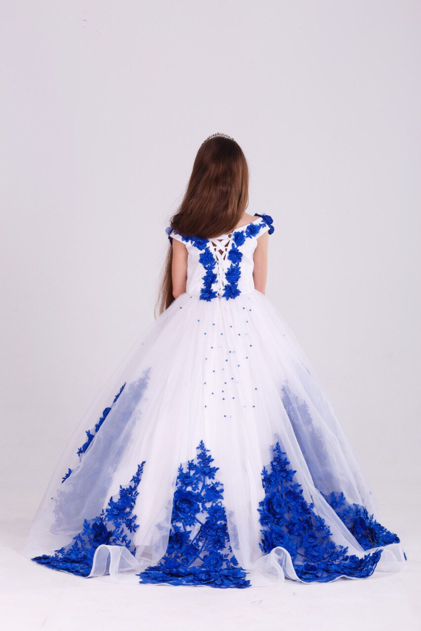 Royal Blue White Flowers Girls Pageant Dresses V Neck Lace Up Princess Prom Dress Floor Length Kids First Communion Gowns Wedding Evening