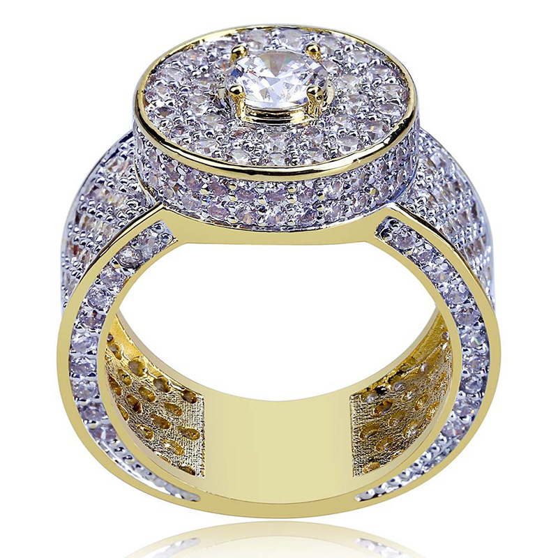 Sophisticated Men's Hip Hop Style Ring with Large 18k Gold Plate & Sparkling CZ Diamonds