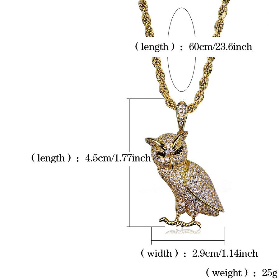 Fashion Men 18k Gold Plated Silver Chain Owl Pendant Necklace Designer Iced Out Rhinestone Hip Hop Rap Rock Jewelry Necklaces For