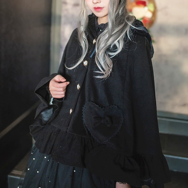 Lolita Women's Thick Warm Winter Cloak Rabbit/Cat Ear Hooded Poncho Coat Lovely Outwear with Ruffle Hem and Heart Shape Pockets Black White