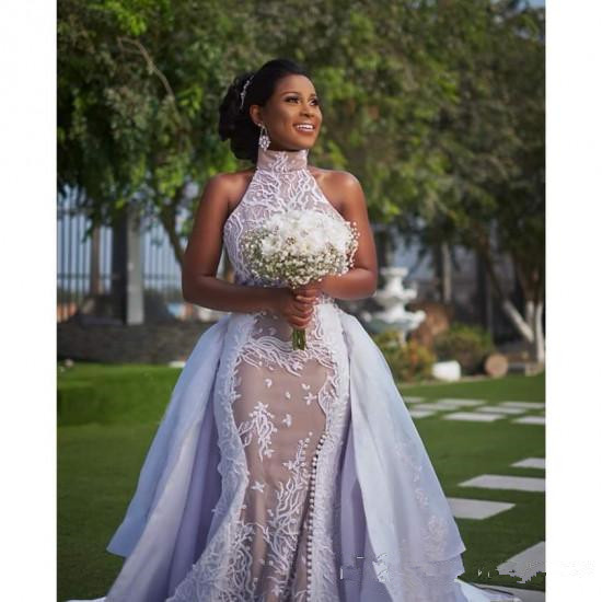 Plus Szie African Dresses with Detachable Train Modest High Neck Puffy Skirt Sima Brew Country Garden Royal Wedding Gown