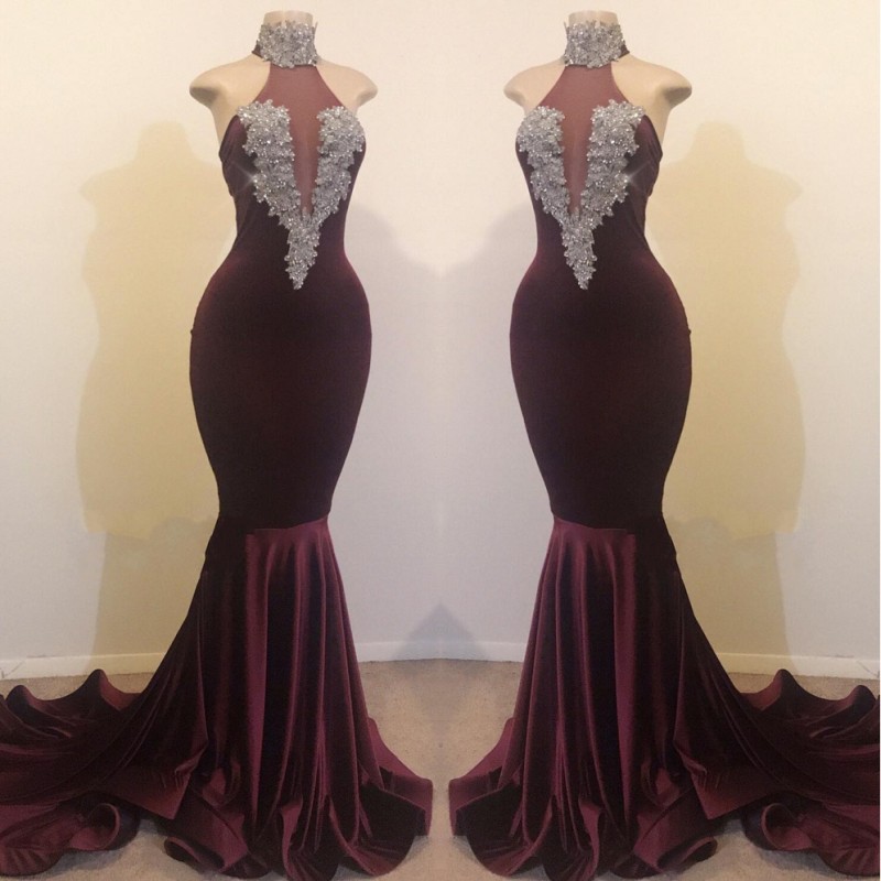 2019 HigH Neck Velvet Mermaid Long Prom Dresses Illusion Lace Applique Beaded Sweep Train Evening Gowns Vestidos De Festa, Dark red
2019 HigH Neck Velvet Mermaid Long Prom Dresses Illusion Lace Applique Beaded Sweep Train Evening Gowns Vestidos De Festa, Dark red