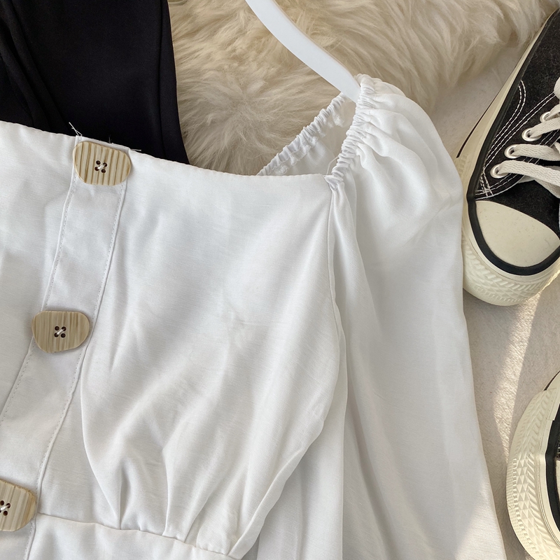 New design womens retro fashion square collar lantern long sleeve single breasted short up-navel high waist blouse shirt tops