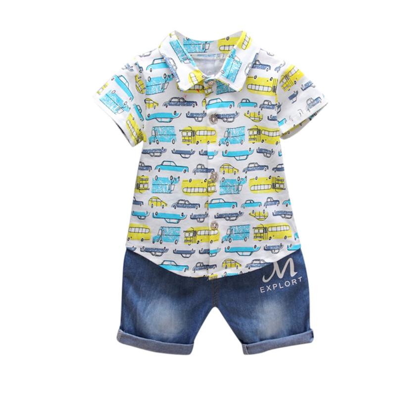 

KANCOOLD children boys cartoon car bus button short-sleeved shirt + letter printed roll-up pants denim shorts suit, Yellow