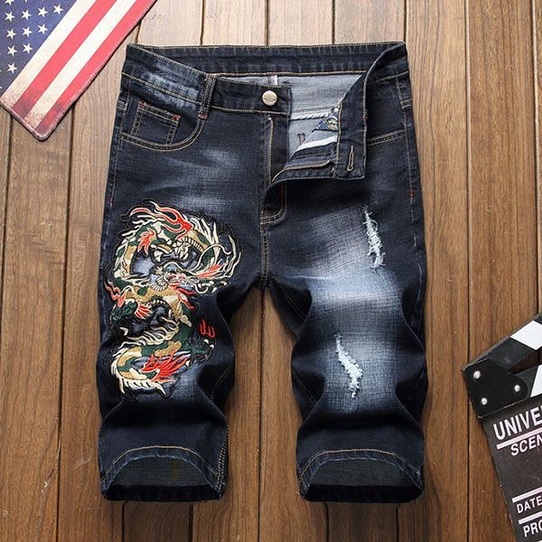 Summer Style Men Denim Trousers Zipper Dragon Pattern Hole Straight Shorts Jeans For Blue And Black B3