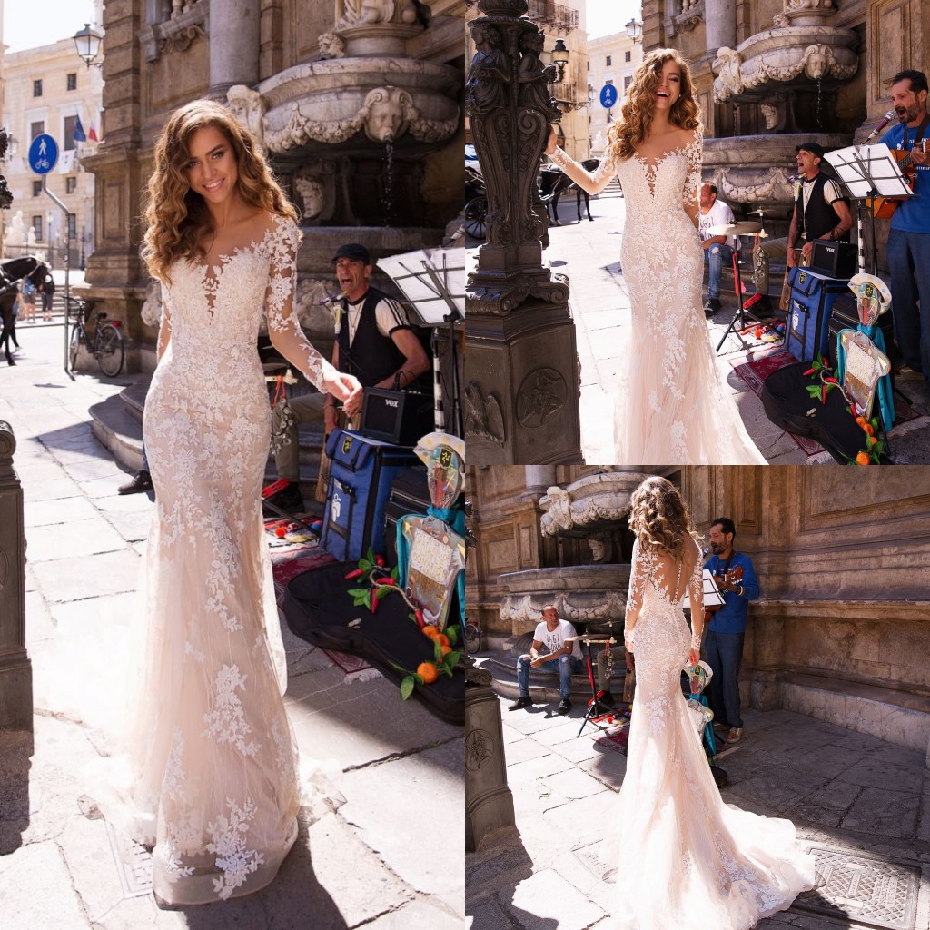lussanobridal mermaid wedding dresses v neck illusion bridal gown covered button back long sleeves boho wedding dress custom