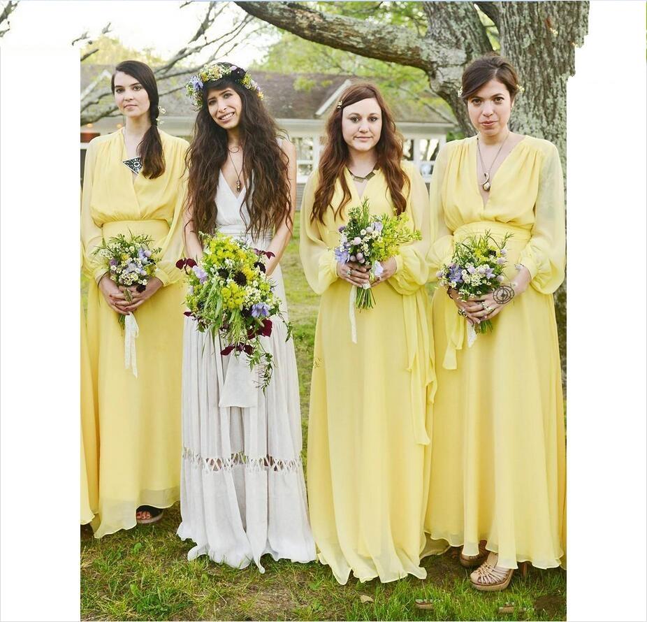 2019 New Cheap Daffodil V-Neck Long Bridesmaid Dresses Long Sleeve Vestidos Madrinha Pleats Beach Maid of the Honor Dress Custom Made
