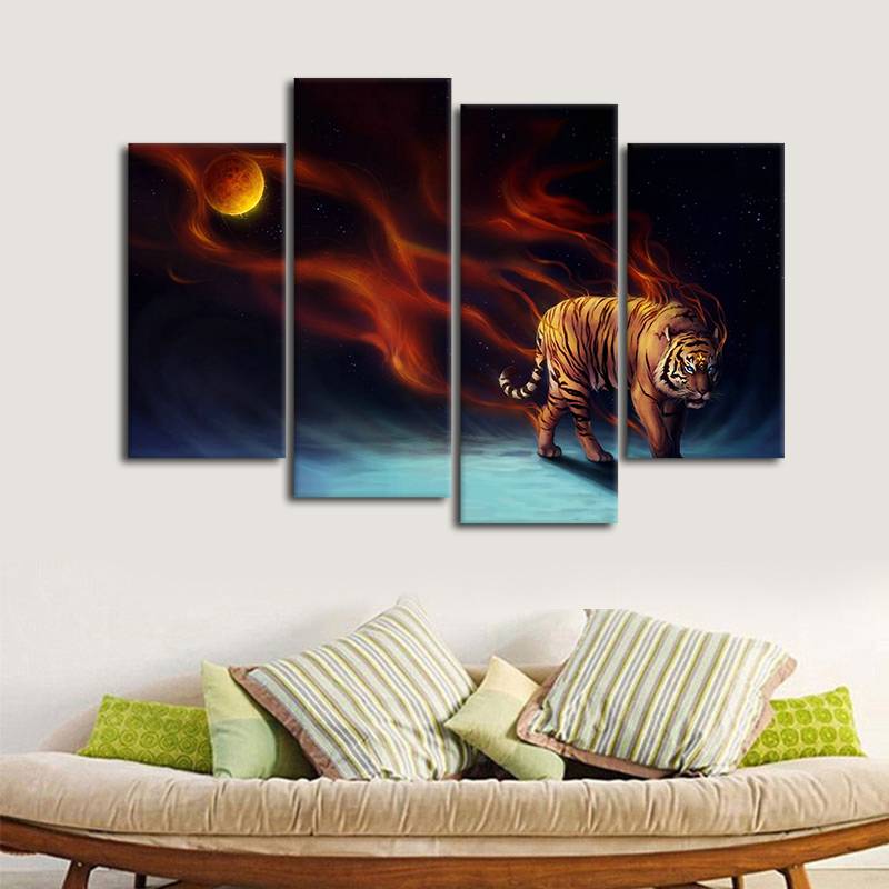 4pcs/set Unframed Dark Tiger and the Moon Print On Canvas Wall Art Picture For Home and Living Room Decor ..