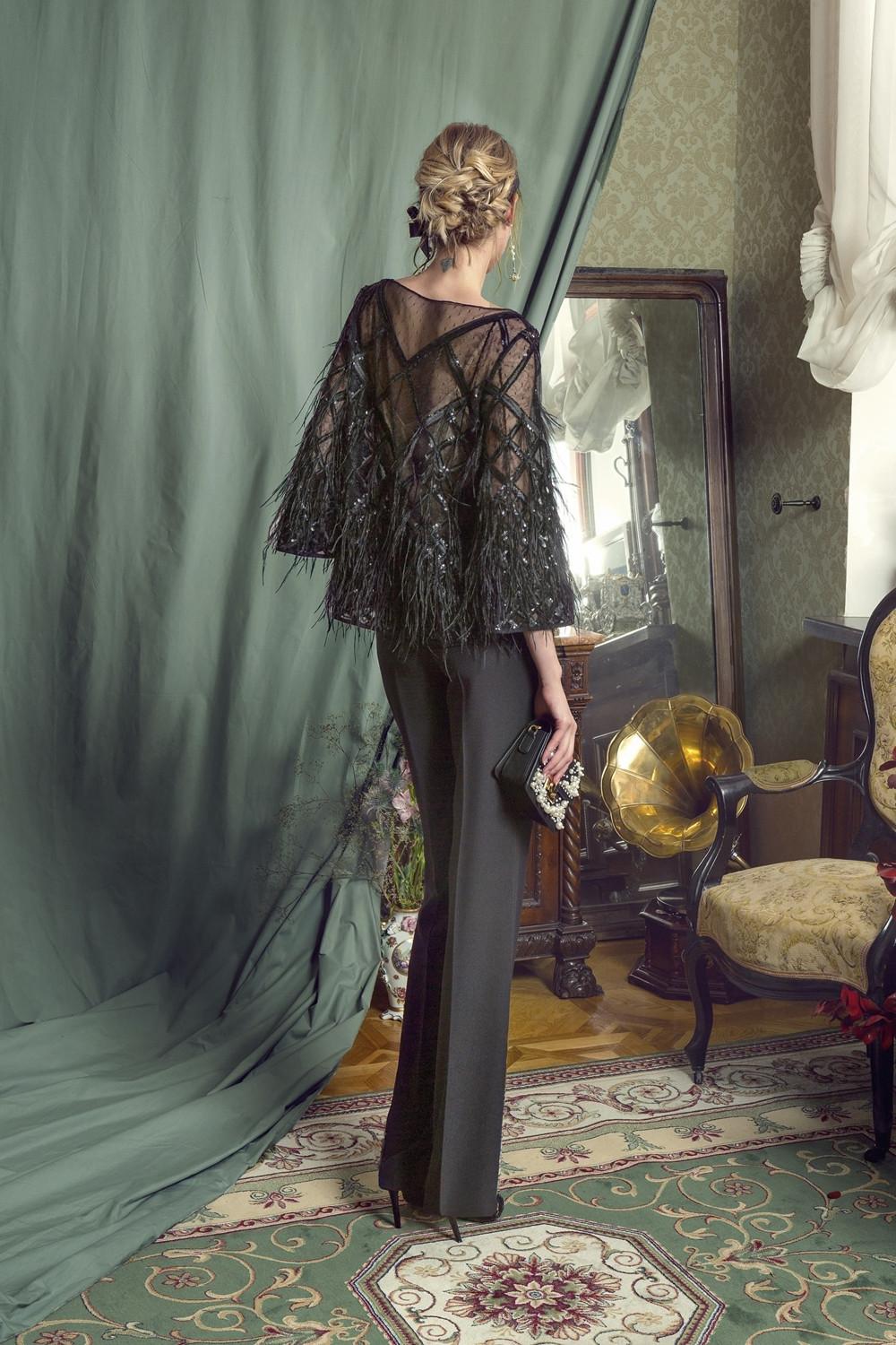 Mother of the Bride Dresses V Neck Long Sleeves Lace Feather Pants Suits Evening Gowns Ankle-Length Wedding Guest Dress