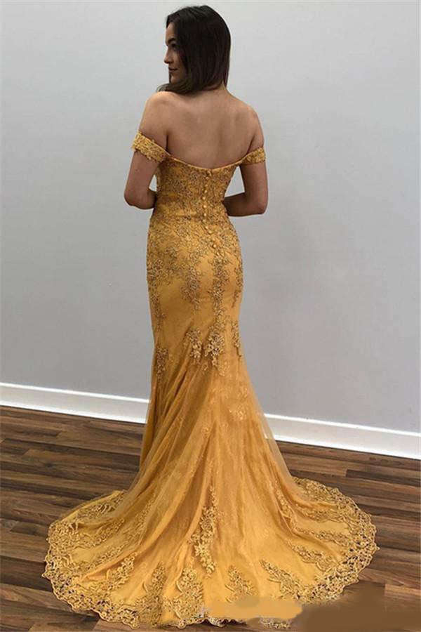 Vintage Gold Applique Mermaid Evening Dresses Long Off The Shoulder Arabic Lace Prom Gowns Sweep Train Formal Party Dress
