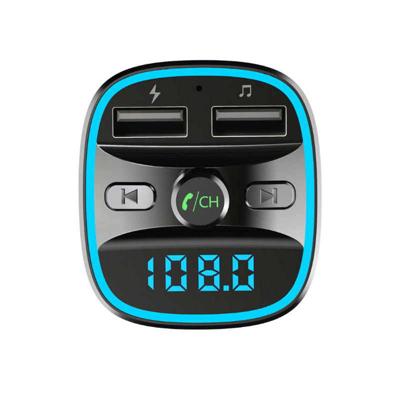 Bluetooth FM Transmitter Blue Ambient Ring Light Wireless Radio Car Receiver Adapter Kit With Hands-Free Calling Dual USB Charger