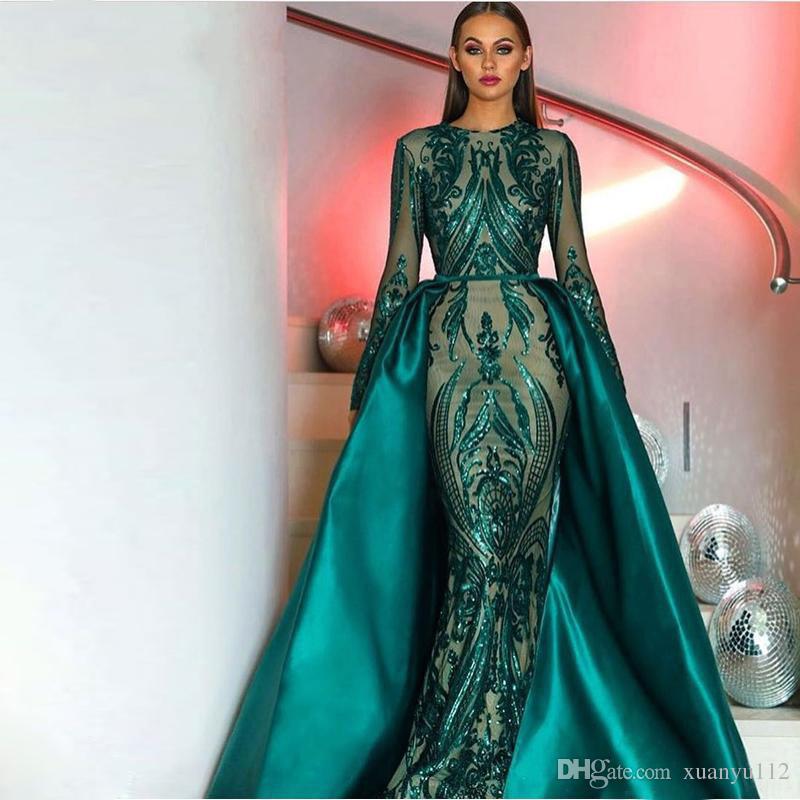 Lace Sparkly Emerald Mermaid Prom Dresses With Detachable Train Jewel Neck Sequined Formal Dress Plus Size Satin Long Sleeves Evening Gowns