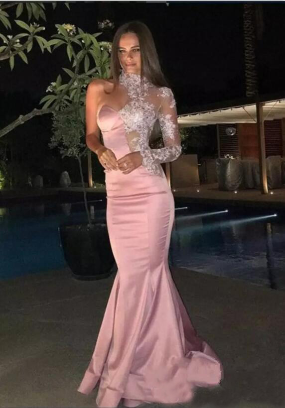 Formal Mermaid Rose Gold Evening Dresses Sexy Lace High Neck Sheer One Shoulder Long Sleeve Prom Gown Custom Red Carpet Celebrity Dress