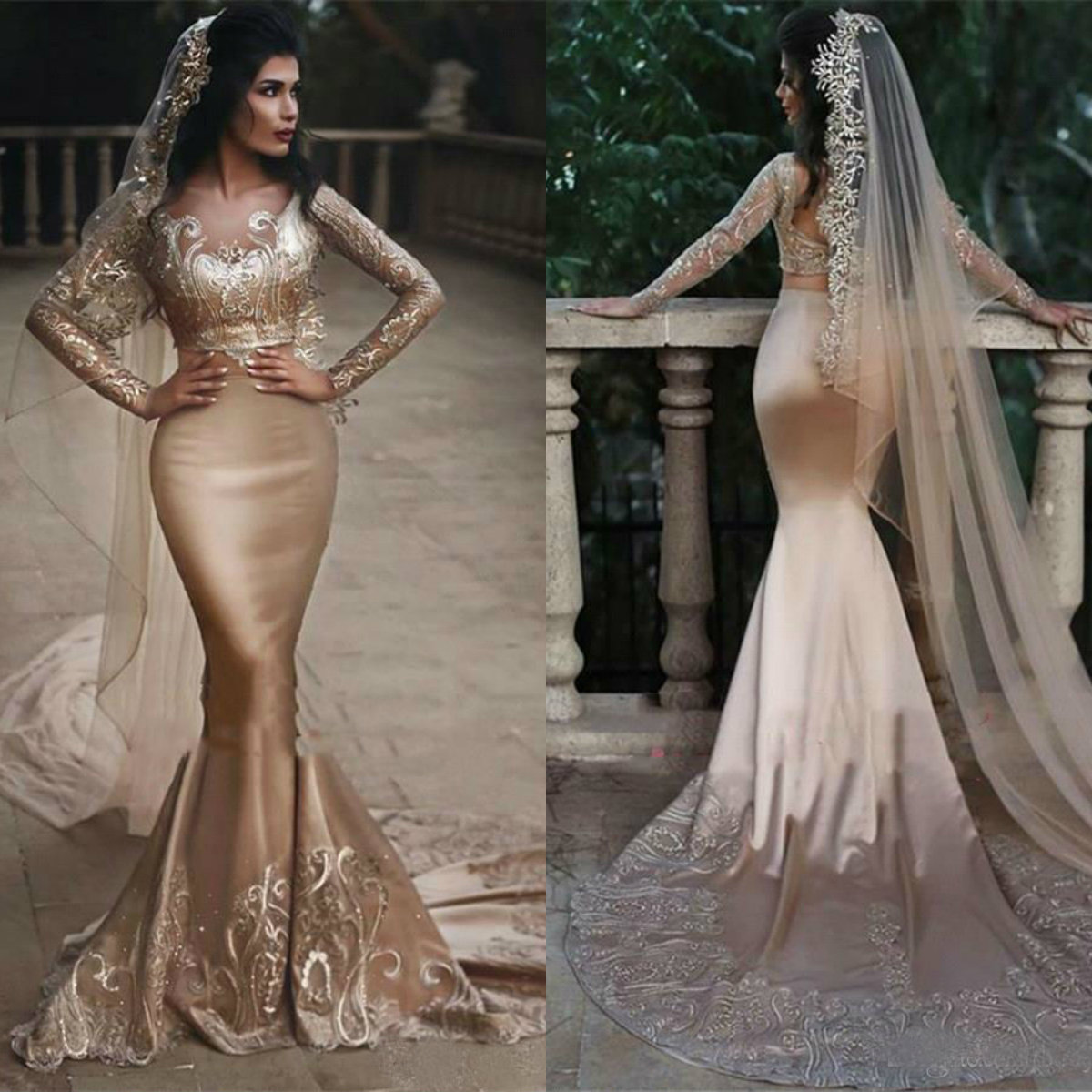 2019 Saudi Arabic Mermaid Prom Dresses Luxury Champagne Lace Applique Long Sleeve Evening Dress Two Pieces Bridal Gowns Custom Made