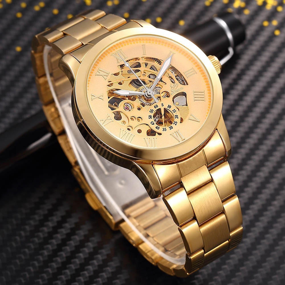 Shenhua Golden Skeleton Automatic Mechanical Watch Men Fashion Waterproof Shockproof Clock Mechanical Watch Men Men Watches Y19062004