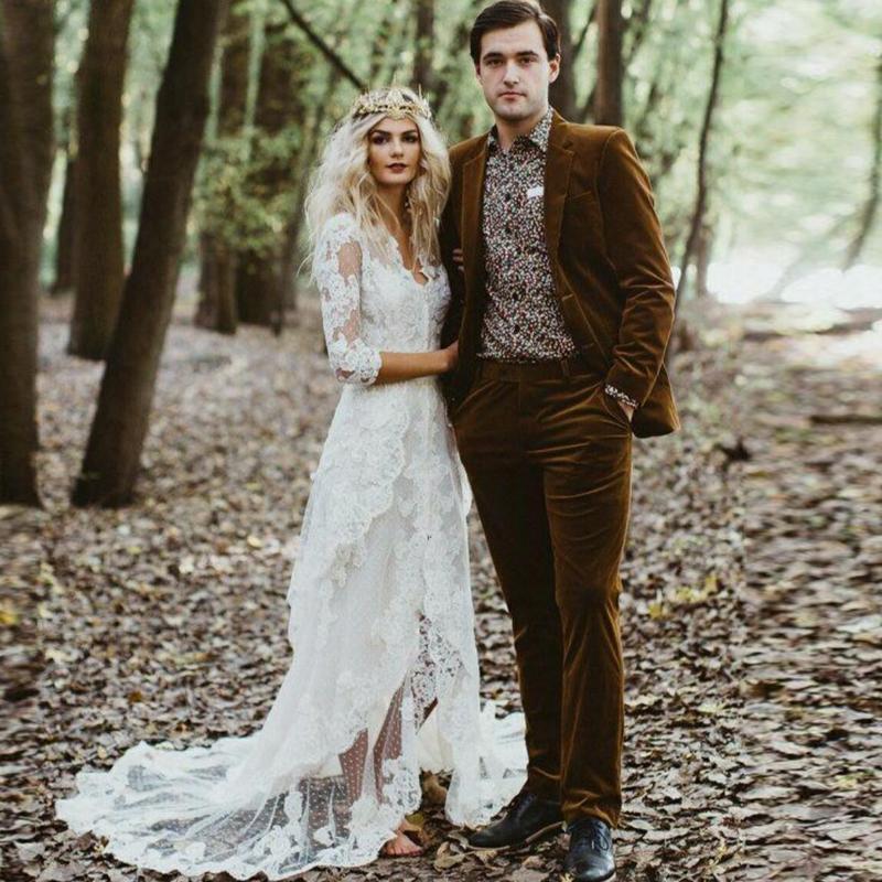 bohemian wedding dresses half sleeve lace appliqued v neck garden outdoor bridal dress a line country wedding gowns vestidos de novia