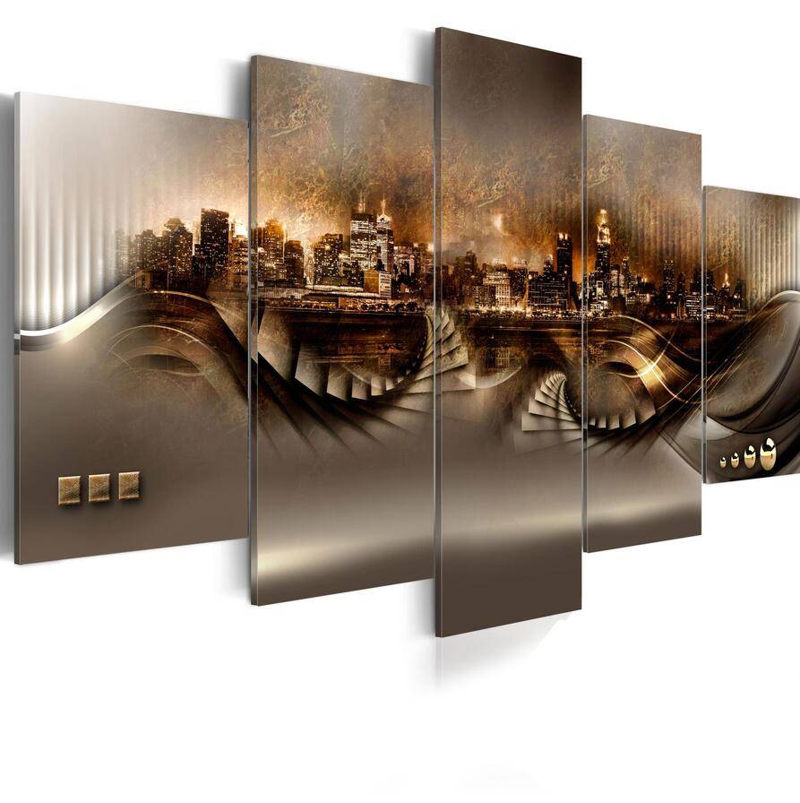 Fashion Wall Art Canvas Painting 5 Pieces Abstract City Architecture Night View Modern Home Decoration,Choose Size:3 No Frame