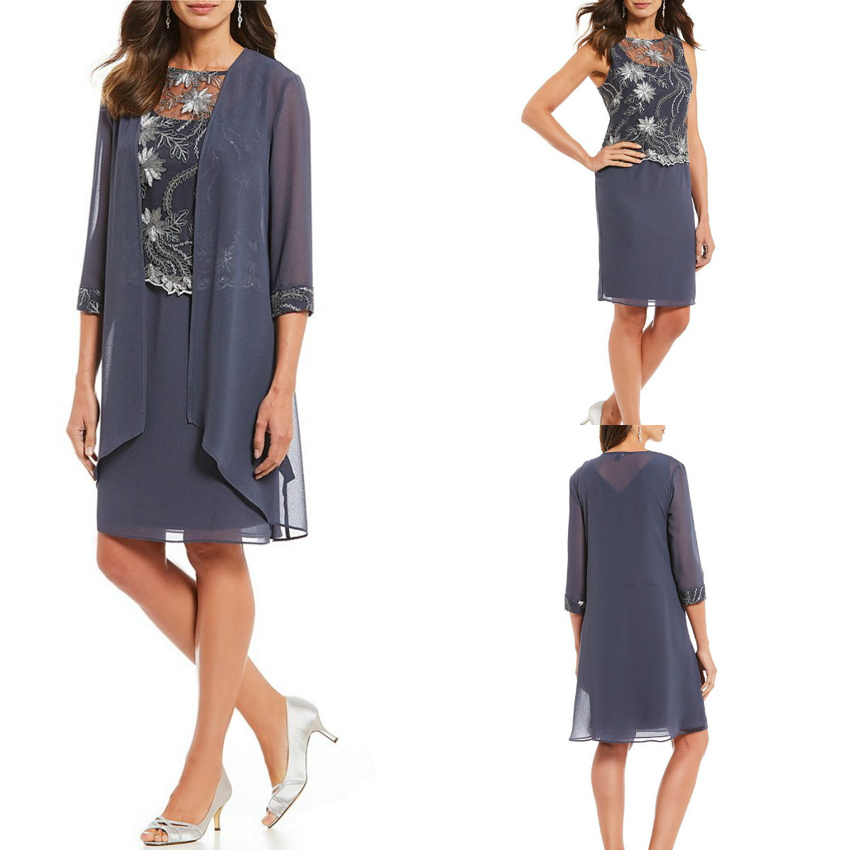 Grey Mother of the Bride Dresses 3/4 Long Sleeves Jewel Neck Lace Appliqued Knee Length Formal Party Gowns Prom Dress