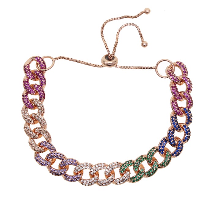 Adjust slider box chain gold rose gold 2 color micro pave rainbow cz Miami cuban link chain women bracelet fashion