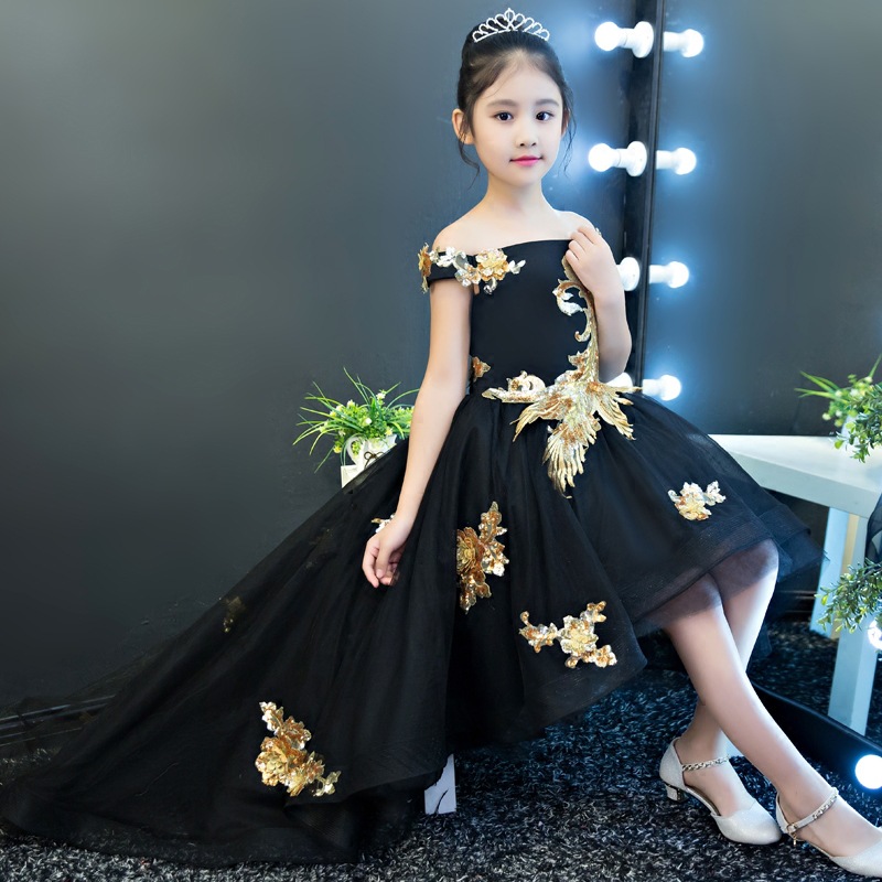 Elegant Ball Gown Flower Girls Dresses for Weddings Off Shoulder Long Train Applique Lace Tulle Children Wedding Dresses Girls Pageant Dress
