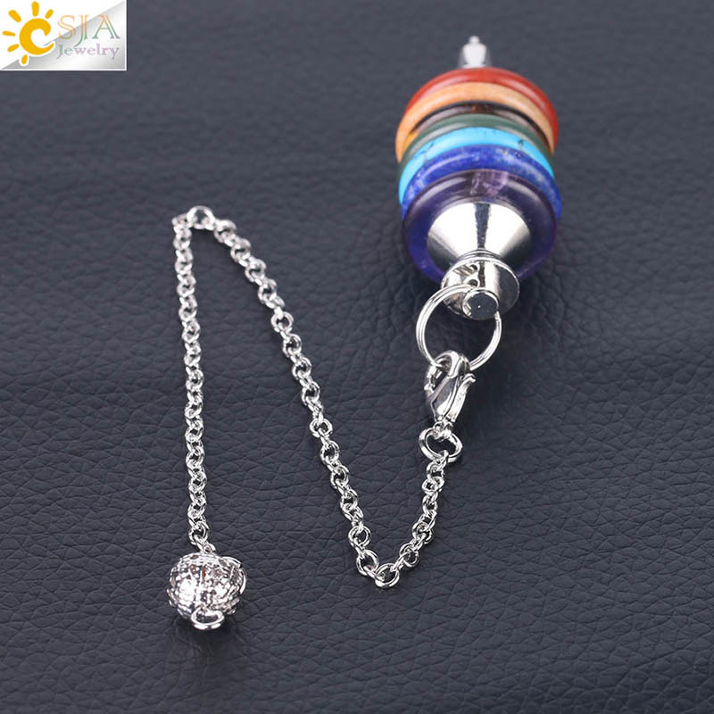 7 Color Round Hollow Stone Layer Pendulum Dowsing Divination Healing Chakra Chain Yoga Balancing Reiki Pendant Jewelry