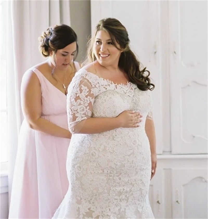 New Mermaid Plus Size Wedding Dress Off Shoulder Lace Illusion Half Sleeves Applique Beaded Lace-up Back Bridal Gowns Custom Made