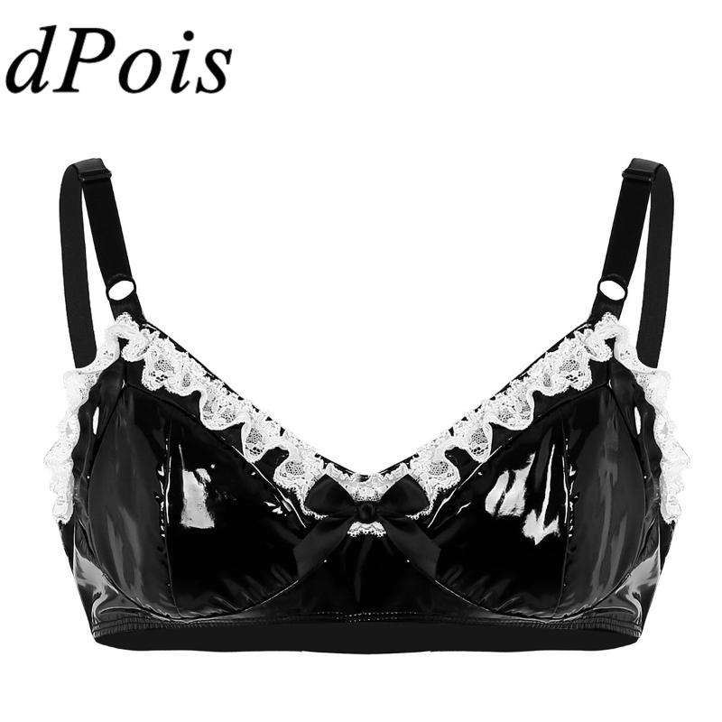 Bras Sexy Men Bra Top Mens Lingerie Sissy Bralette Bowknot Black Faux Leather Latex Lace Fetish Erotic Wetlook Underwear