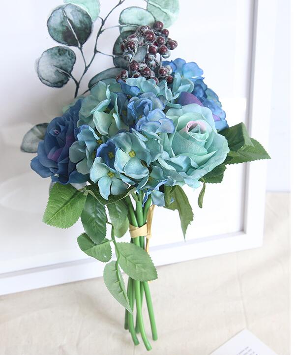 Blue artificial rose bouquet wedding creative decorations diameter about 21cm include rose, hydrangea and berries free shipping WT037
