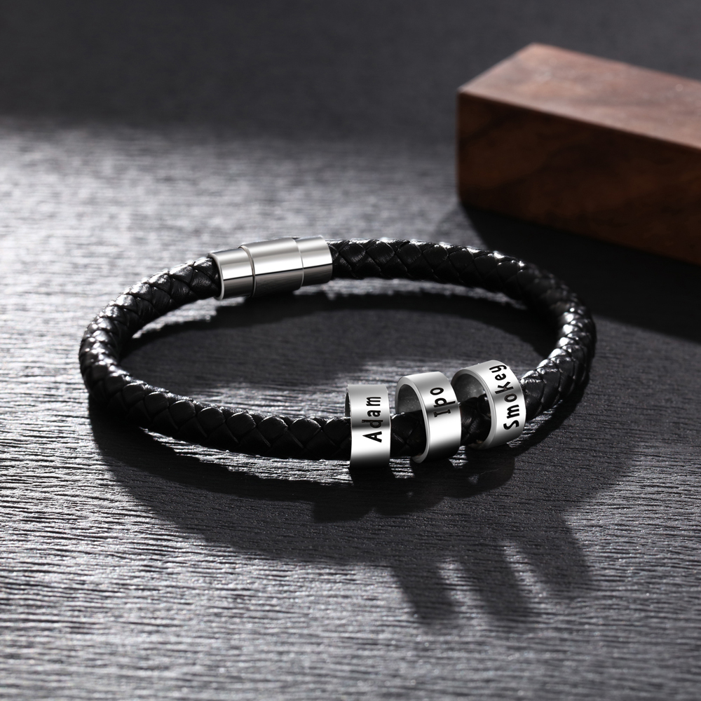 JewelOra 925 Sterling Silver Personalized Custom 2- 5 Names Beads Bracelets for Men Charm Black Braided Leather Bracelet Jewelry CX200704