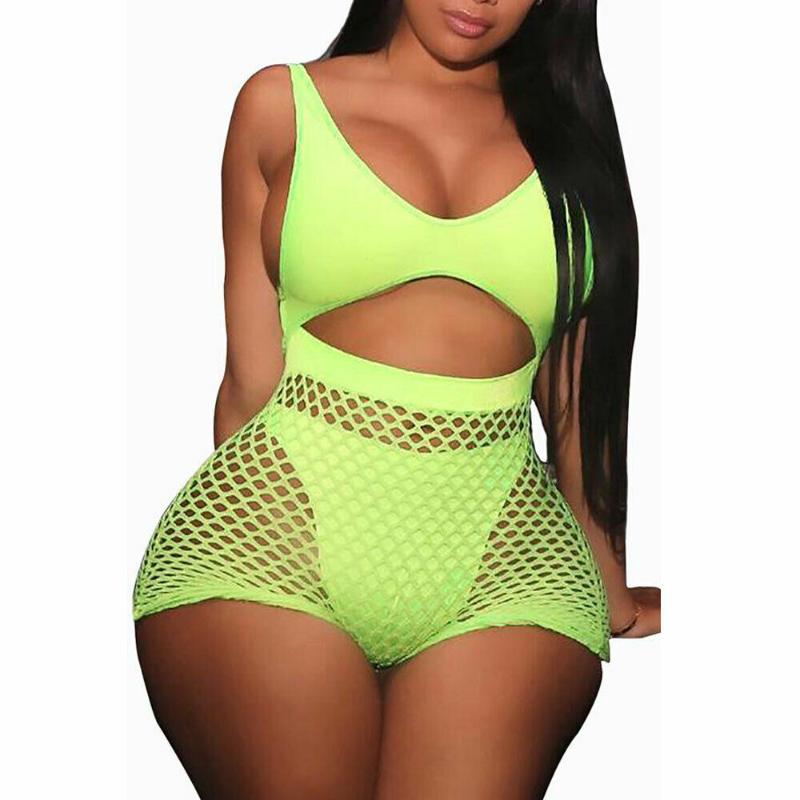 2 Pieces Women Fishnet Sheer Mesh Playsuit Bodysuit Romper Set Sleeveless Front Hole Backless Top Tank+ Shorts Sets B1