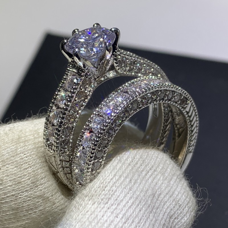 Vintage Jewelry Couple Rings 14KT White Gold Fill Round Cut White Topaz CZ Diamond Gemstones Party Retro Women Wedding Bridal Ring Set Gift