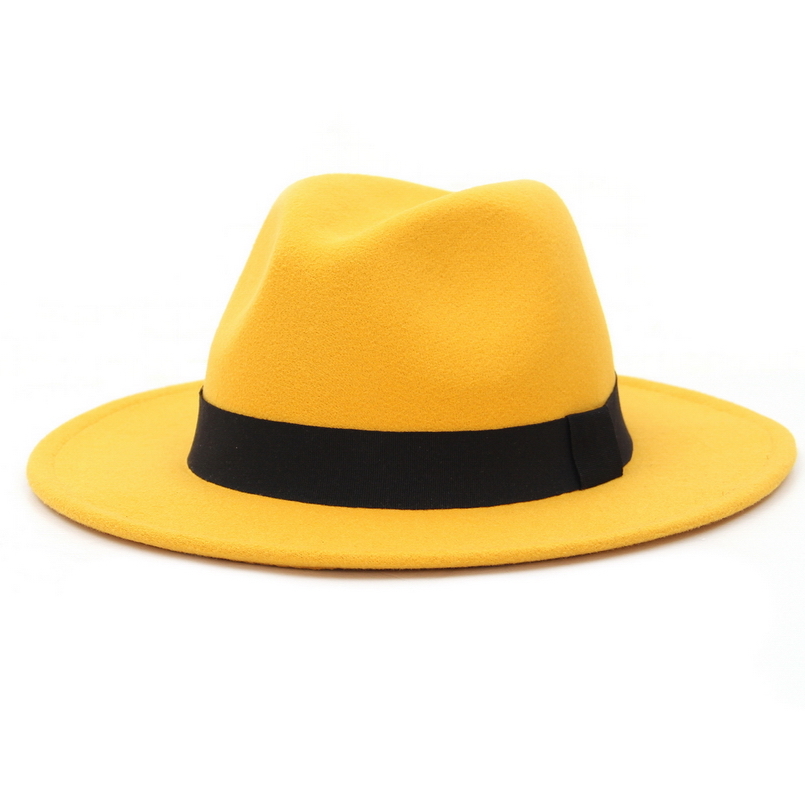 GEMVIE New Wide Brim White Fedora Hat For Women Wool Felt Hats For Men Fall Winter Panama Gamble Jazz Cap Striped Black Band LY191228