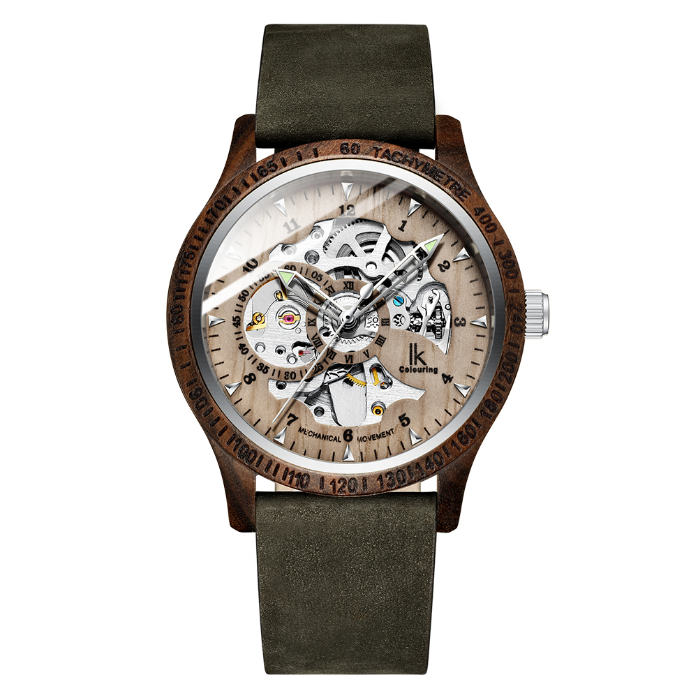 IK Colouring Men Watch Fashion Casual Wooden Case Crazy Horse Leather Strap Wood Watch Skeleton Auto Mechanical Male Relogio Y200414