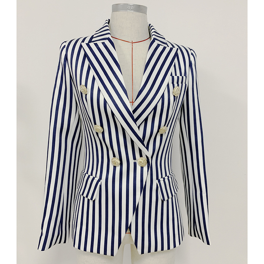 Top Quality Original Design Women's Classic Stripe Blazer Double-Breasted Blazer Business Wear Metal Buckles Jacket Blending Coat Outwear